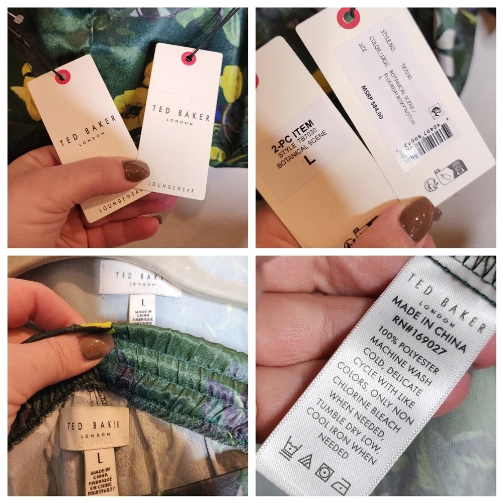 NWT Ted Baker Satin 2 Piece Pajama Set Boxy Green Botanical Birds Size Large